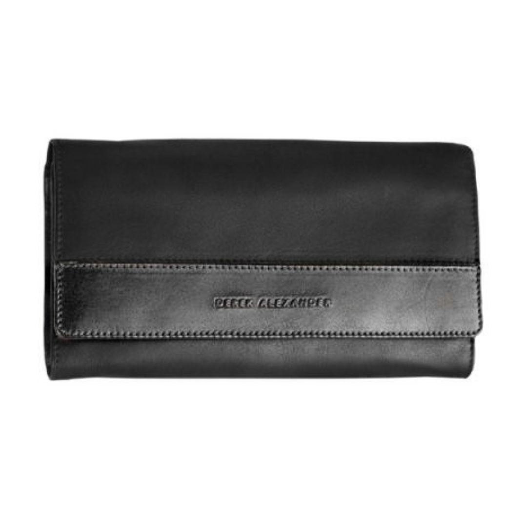 Rectangular black leather wallet with Derek Alexander branding.