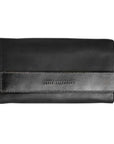 Rectangular black leather wallet with Derek Alexander branding.