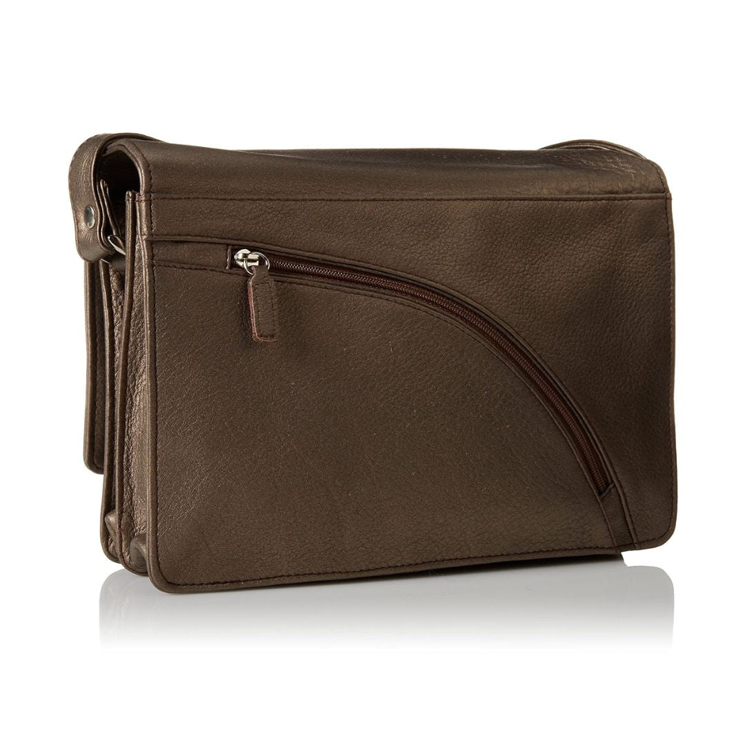 Rear view of 3/4 flap organizer bag in bronze. Features a curved zippered pocket. 