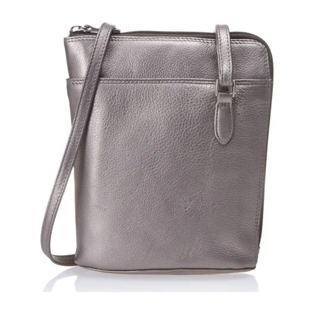 Pewter bucket bag by Derek Alexander with an adjustable shoulder strap