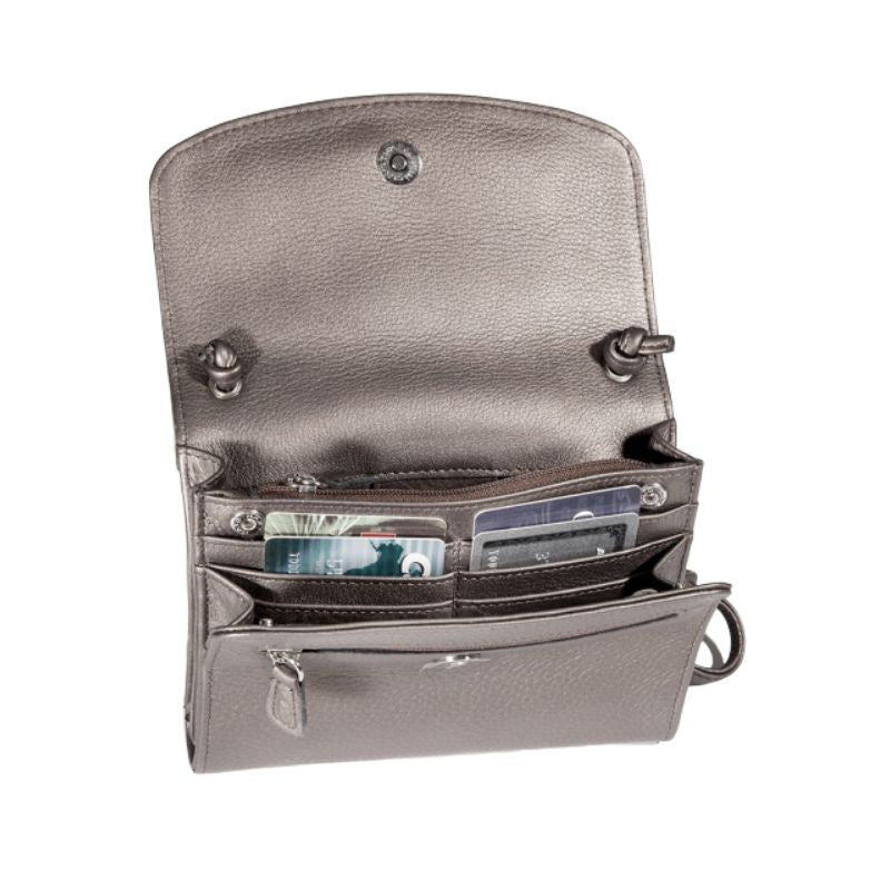 Interior of organizer bag in silver. Contains card slots and two zippered pockets. 