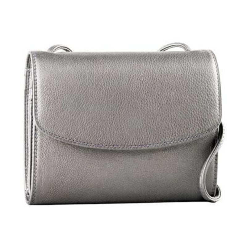 Half flap organizer bag in silver. Metallic leather purse with flap closure and thin crossbody strap.