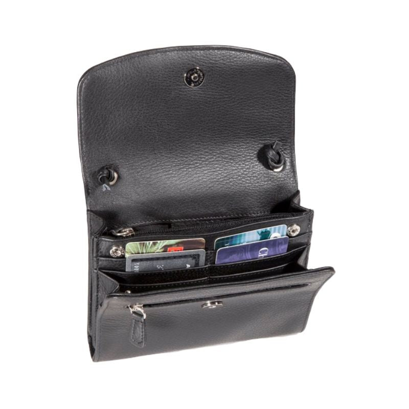 Interior of the black leather organizer, featuring card slots and two zippered pockets. 