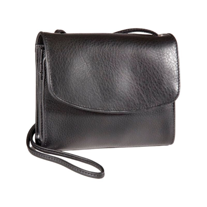 Half flap organizer bag in black. Black leather purse with flap closure and a thin crossbody strap.