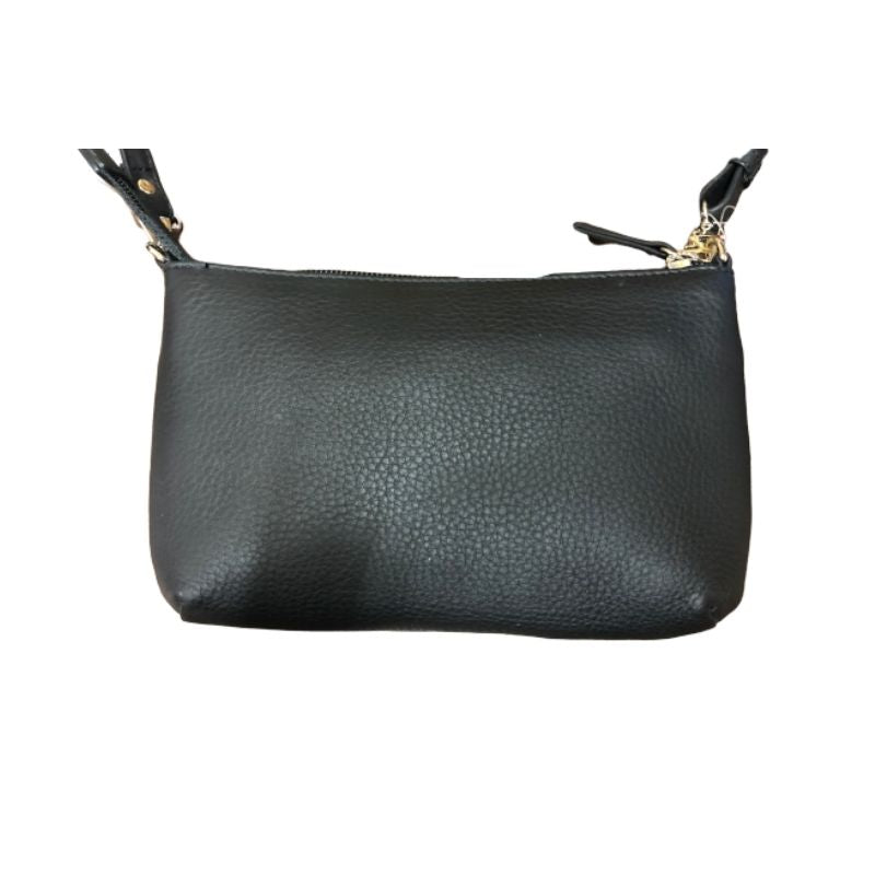 Rear exterior of the black leather crossbody bag. 