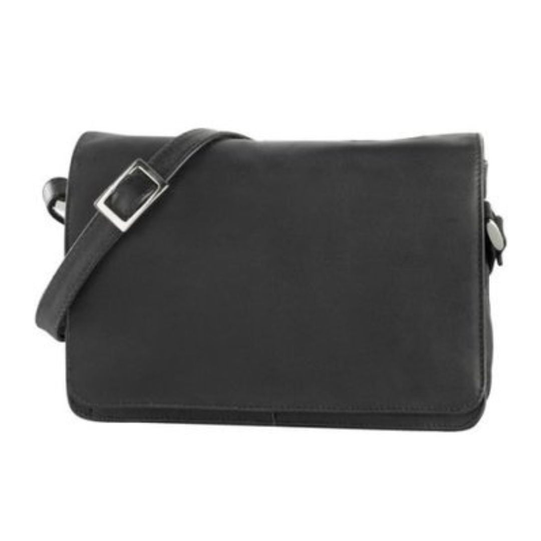 E/W Organizer Bag in black. Black leather bag with adjustable strap and silver hardware. 