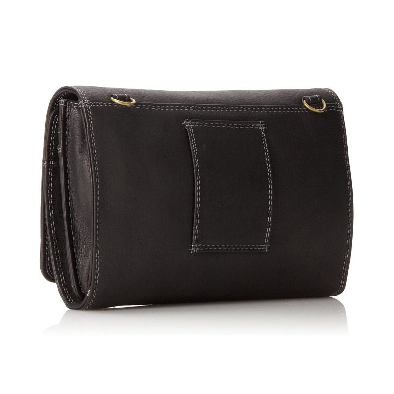 Rear exterior of the black leather organizer clutch, featuring a belt loop.