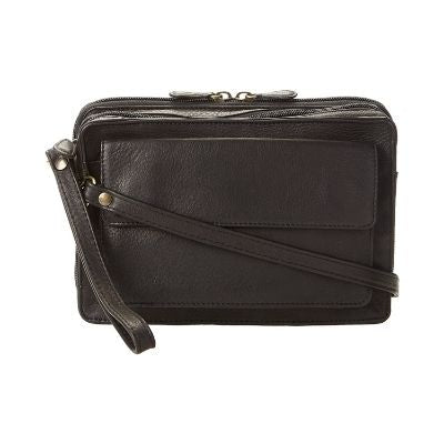 Black leather bag with front pocket, top zipper and shoulder strap and wrist strap