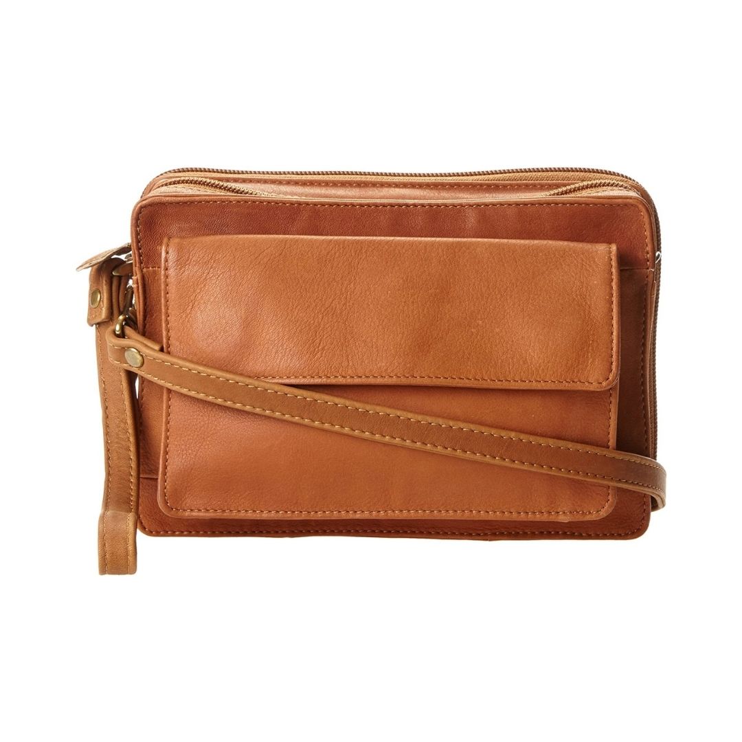 Tan leather bag with front pocket, top zipper and shoulder strap and wrist strap