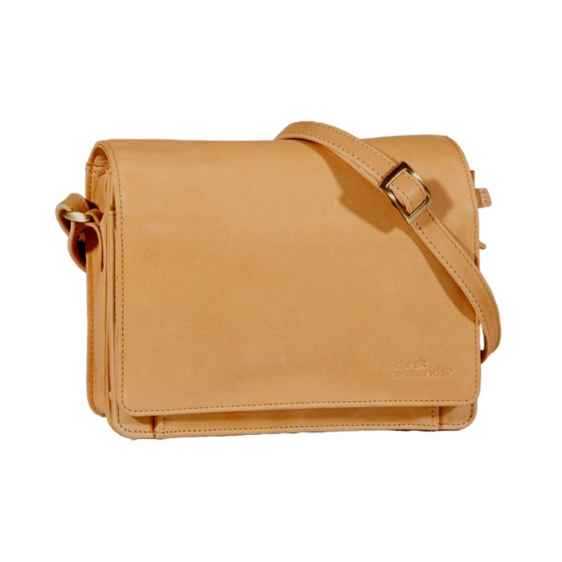 3/4 flap organizer bag in buffalo. A pale yellow leather bag with a flap closure and adjustable shoulder strap. 