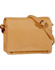 3/4 flap organizer bag in buffalo. A pale yellow leather bag with a flap closure and adjustable shoulder strap. 