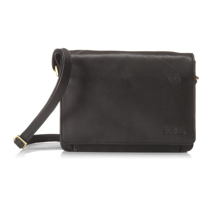 3/4 flap organizer bag in black. A black leather bag with a flap closure and an adjustable strap. 