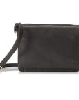 3/4 flap organizer bag in black. A black leather bag with a flap closure and an adjustable strap. 