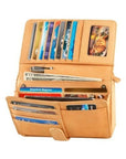 Interior of Organizer Crossbody bag, displaying multiple card slots, ID window, pen holder, and pockets for cash. 