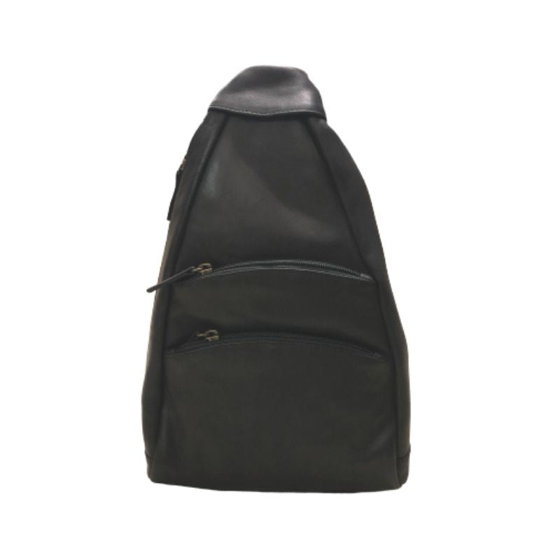 Triangular black leather backpack by Derek Alexander with 2 front zipper pockets.