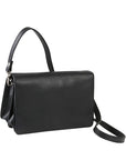 A black leather purse with a detachable shoulder strap.