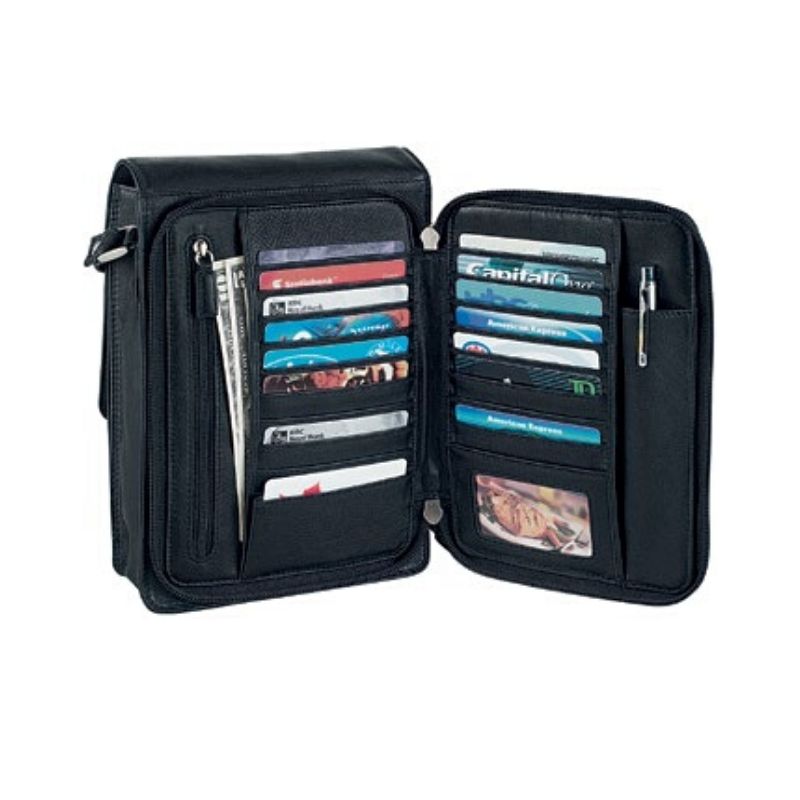 Rear zippered compartment of the black leather messenger bag, revealing multiple card slots, slip pockets for cash, a pen holder, and an additional zippered pocket. 