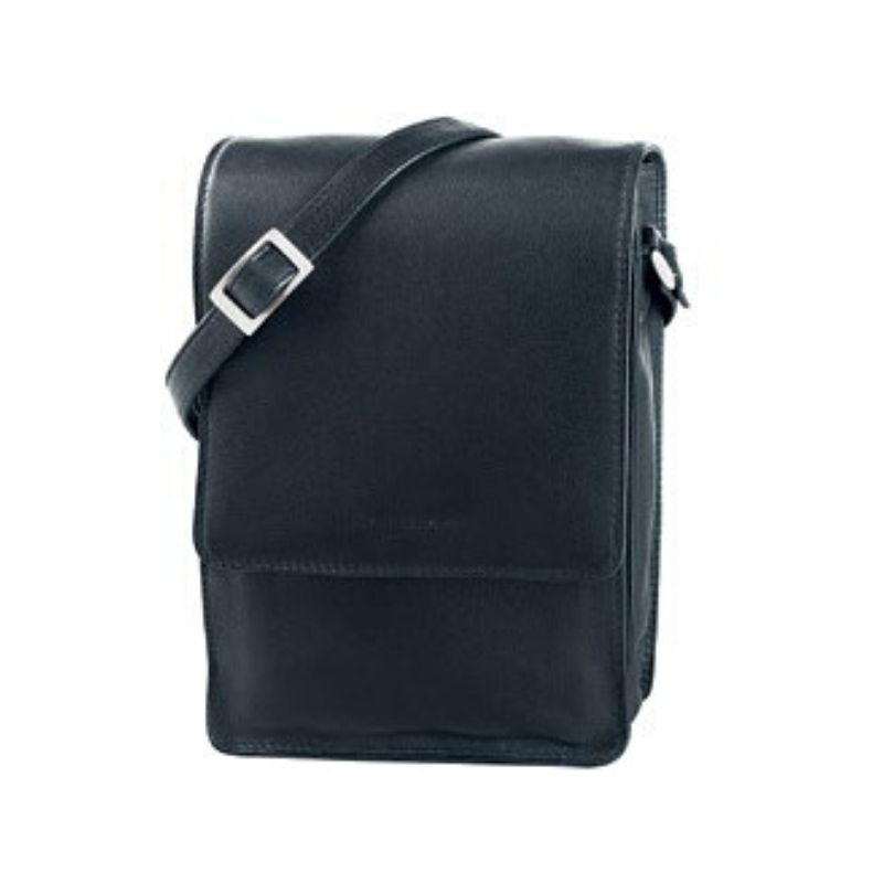 Black leather messenger bag with 3/4 flap closure and an adjustable shoulder strap, fitted with silver hardware. 