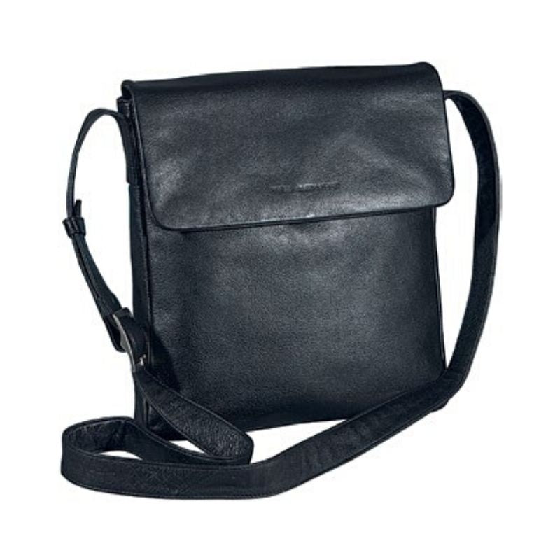 Black leather messenger bag with flap closure and a wide, adjustable shoulder strap. 