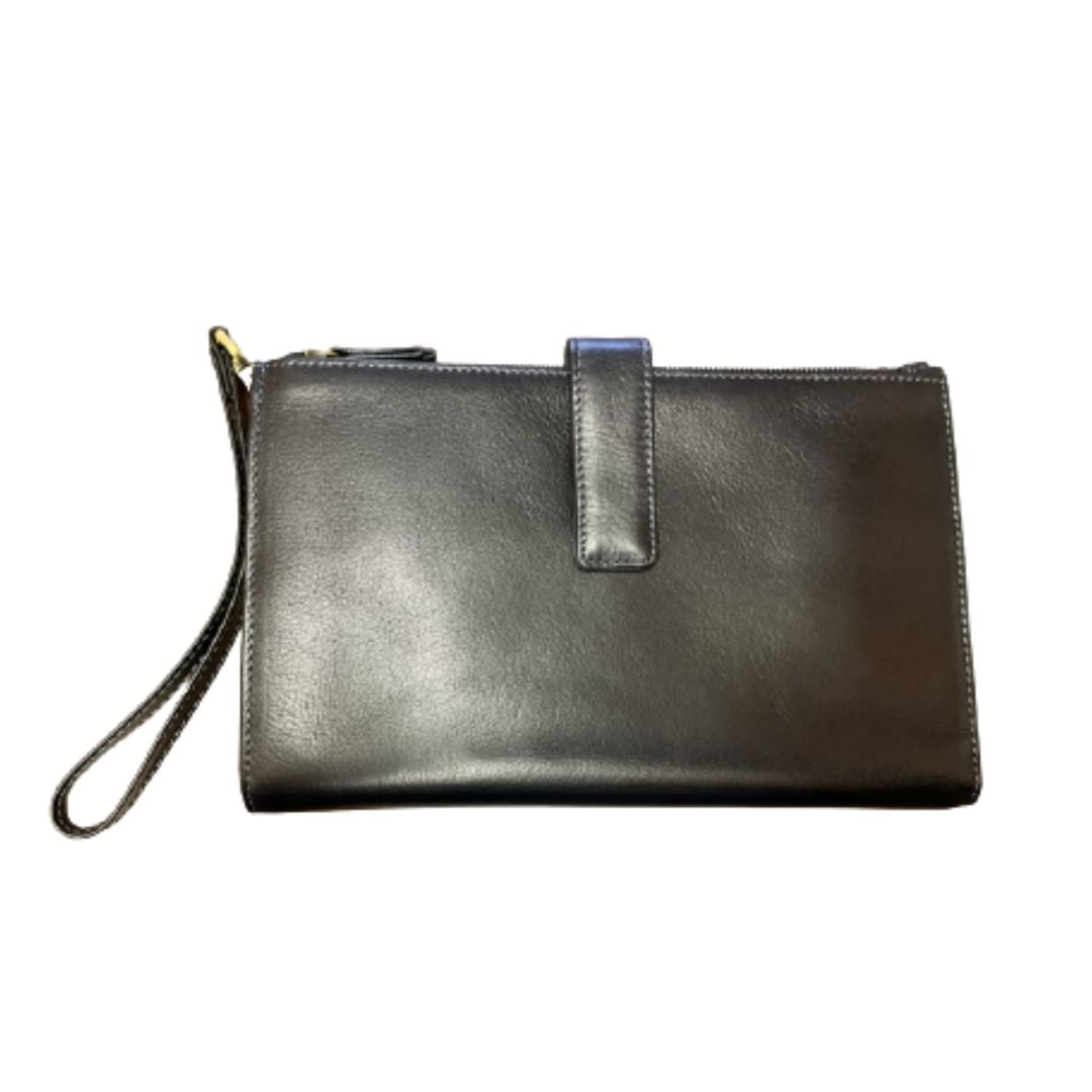 Black leather clutch wallet with wrist strap and top zipper