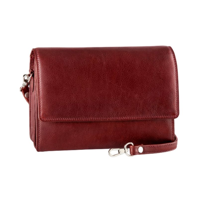 Half flap crossbody bag in red. Reddish-brown leather purse with a detachable shoulder strap.