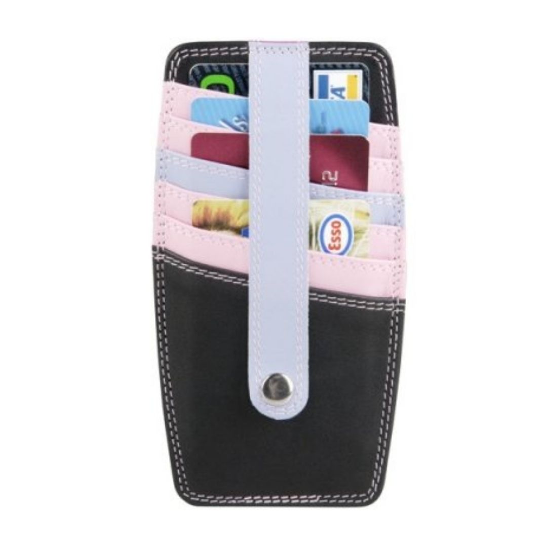 Card holder in Black Pastel. Black leather card holder with light pink and blue accents and white stitching. Features 6 card slots secured by a strap.