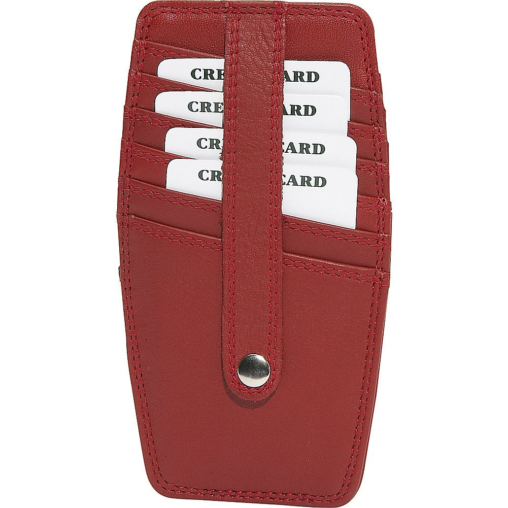 Card holder in Red. Red leather card holder with 6 card slots secured by a strap. 