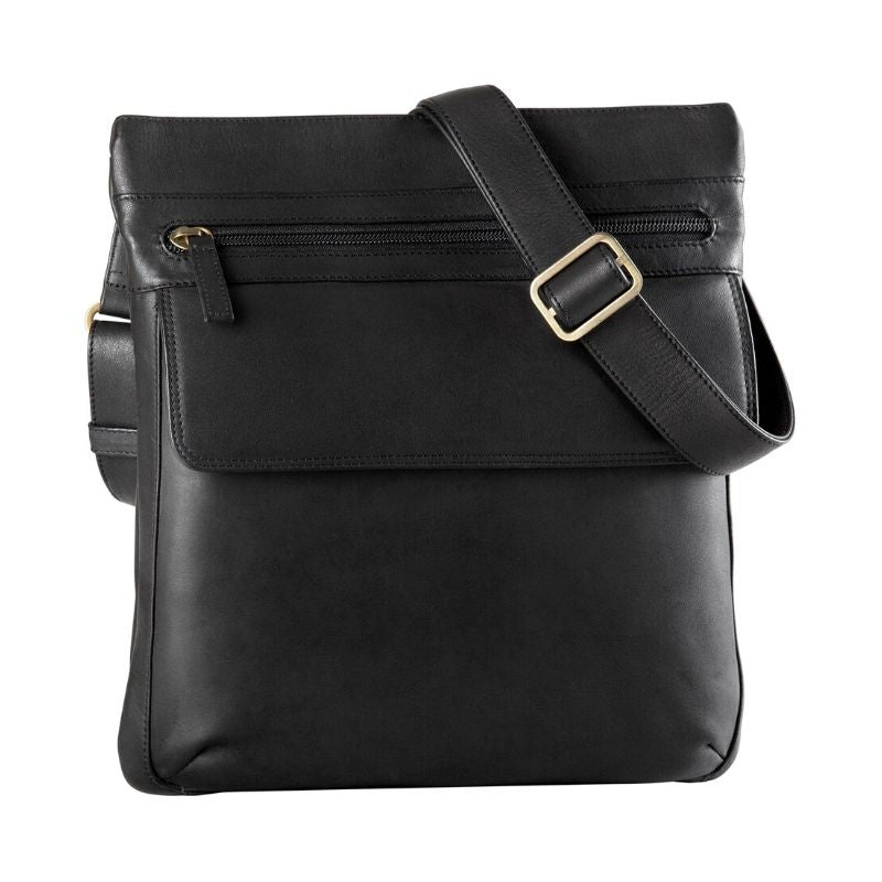 Black leather handbag with front zippered pocket, a front compartment with flap closure, and an adjustable shoulder strap.