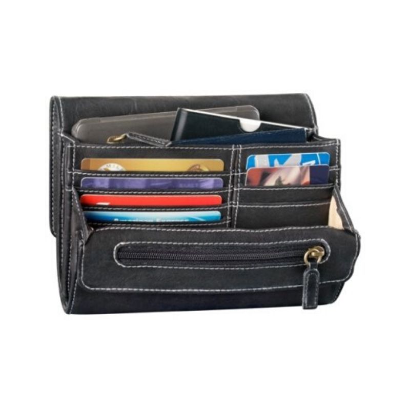 Interior of black leather organizer clutch, featuring many card slots and two zippered pockets. 