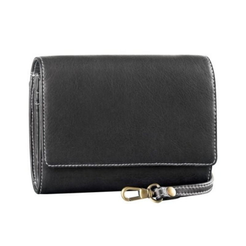 Black leather clutch with detachable shoulder strap and 3/4 flap closure. Features contrast white stitching.