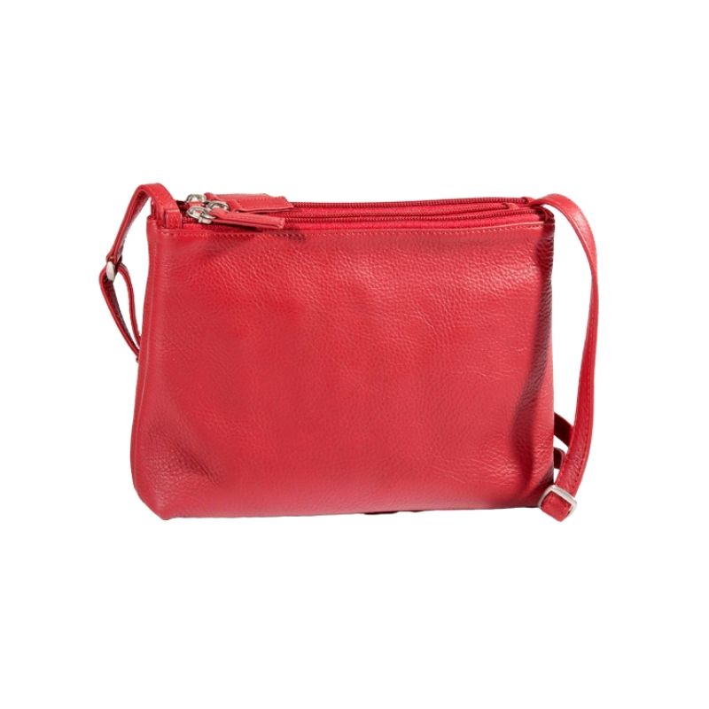 3 top zip cross body bag in red. A rectangular, red crinkled leather purse with 3 zippered compartments and an adjustable strap, fitted with silver hardware. 