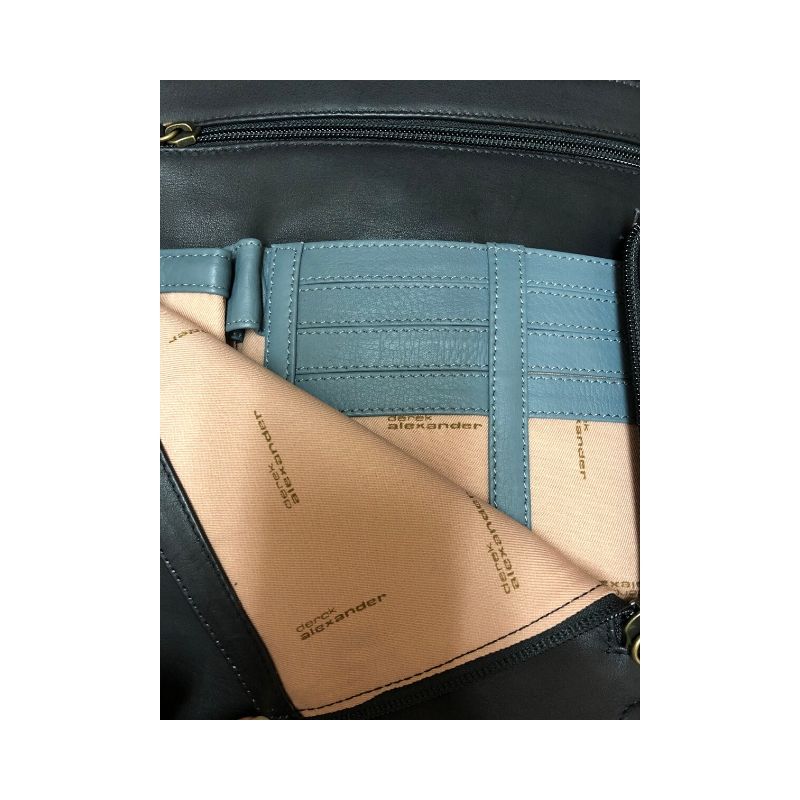 Zippered compartment on the outside of the black leather messenger bag, displaying multiple card slots in light blue leather. 