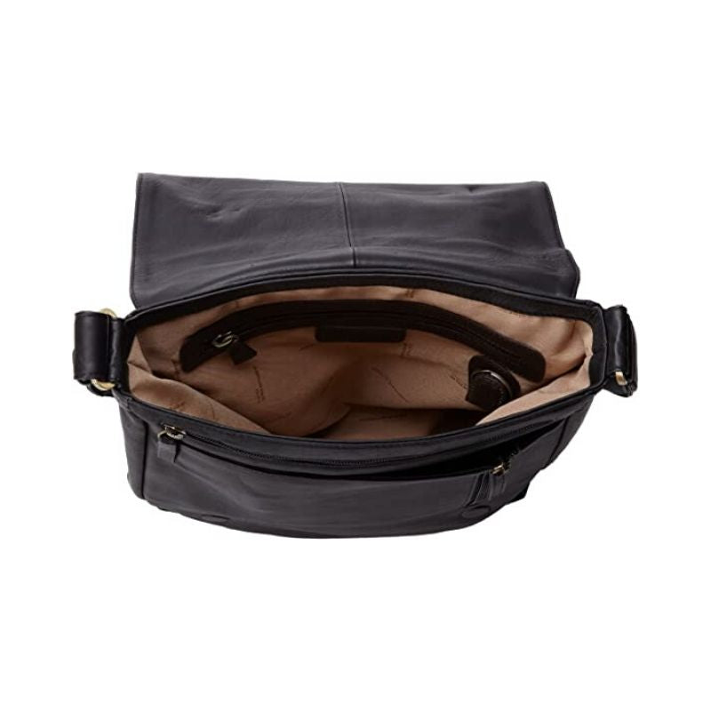 Interior of black leather messenger bag, displaying the multiple zippered pockets and key ring. Lining is beige with Derek Alexander branding. 