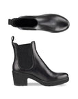 A pair of Ecco chelsea boots in black leather  and a black outsole with a 2.5 inch block heel.