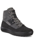 An Ecco sneaker boot with two tone leather uppers, grey laces, and a black outsole. 