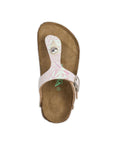 Top view of pealised white sandal with brown suede footbed.