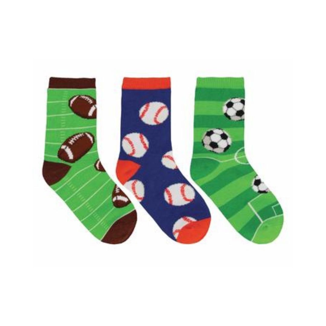 Socksmith three socks with varying sports ball designs: green ones have either soccer or footballs and blue one has baseballs.