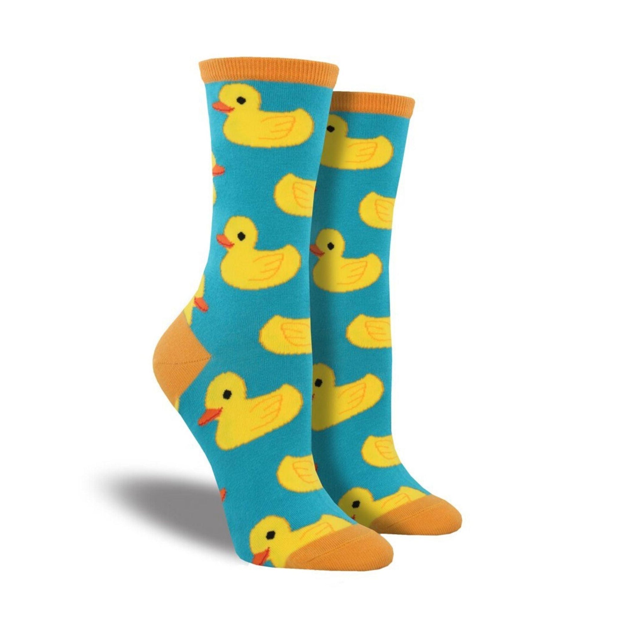 Teal socks with orange accents featuring rubber ducks