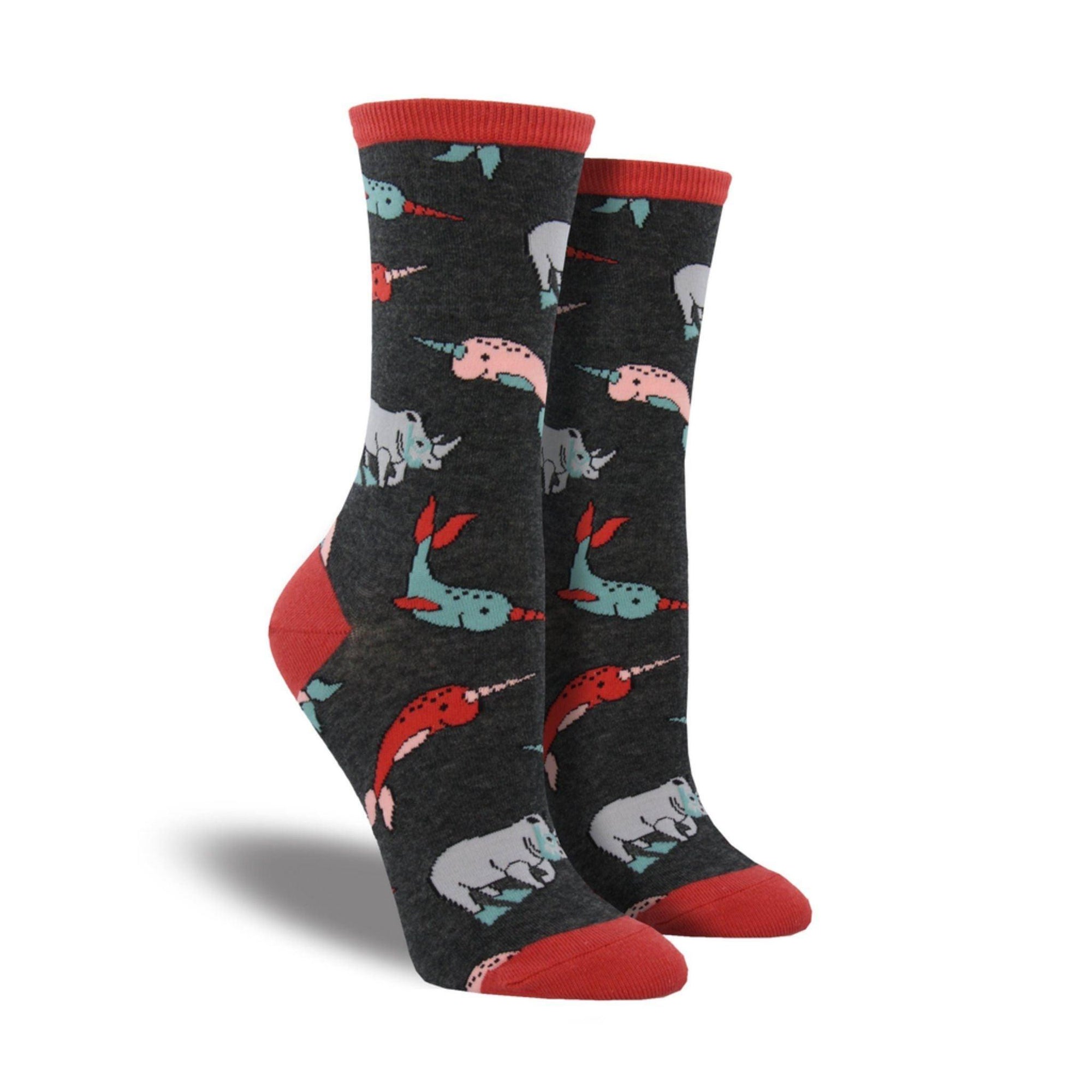 Grey socks with red accents featuring scuba diving rhinos and narwhals