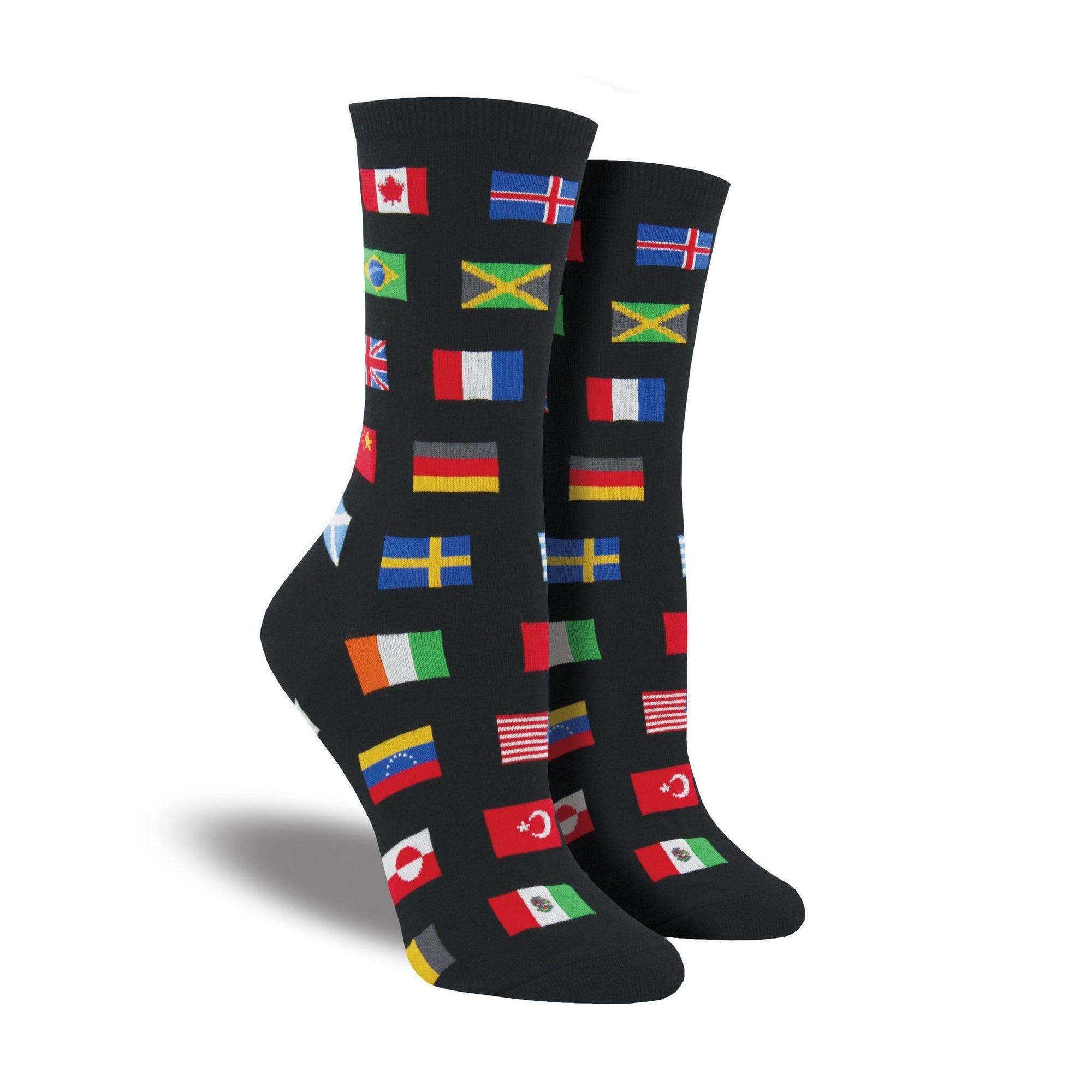 A pair of women&#39;s crew socks featuring world flags.