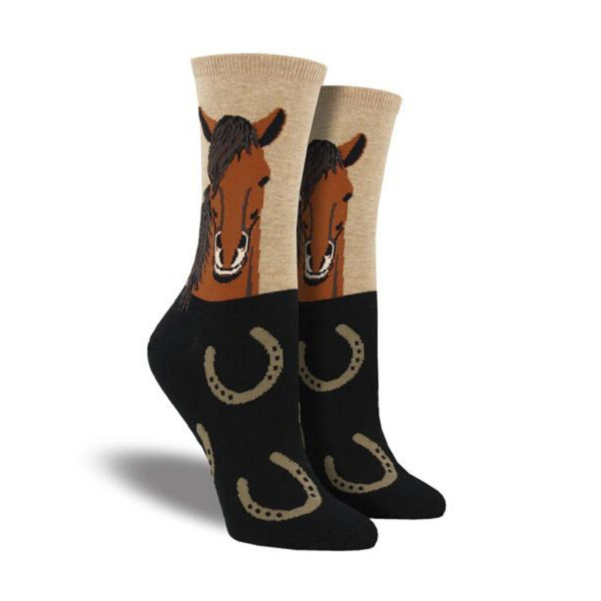 Black and tan split socks featuring horse shoes on bottom black part and horse head on top tan part