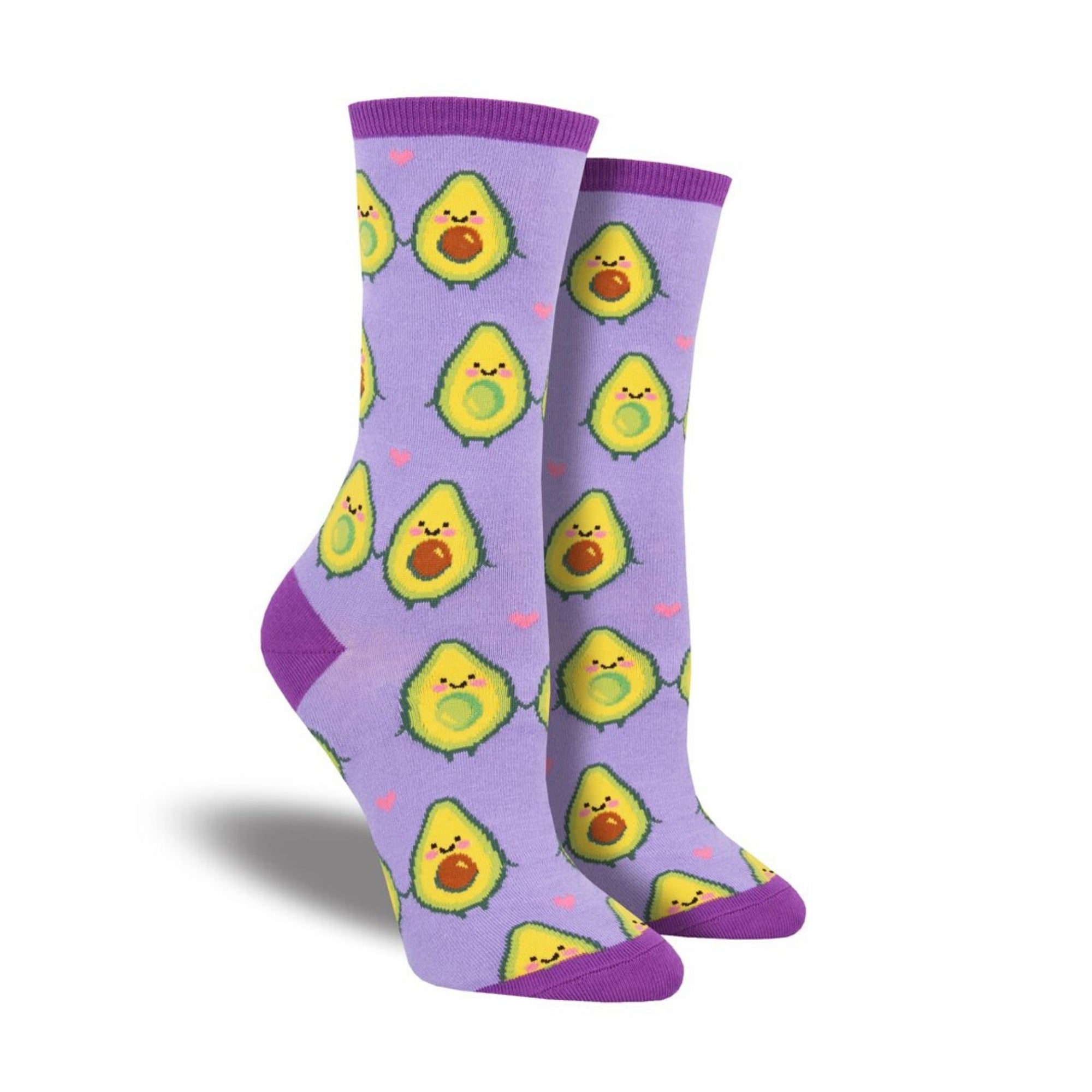 Purple socks with an avacado cut in half holding hands