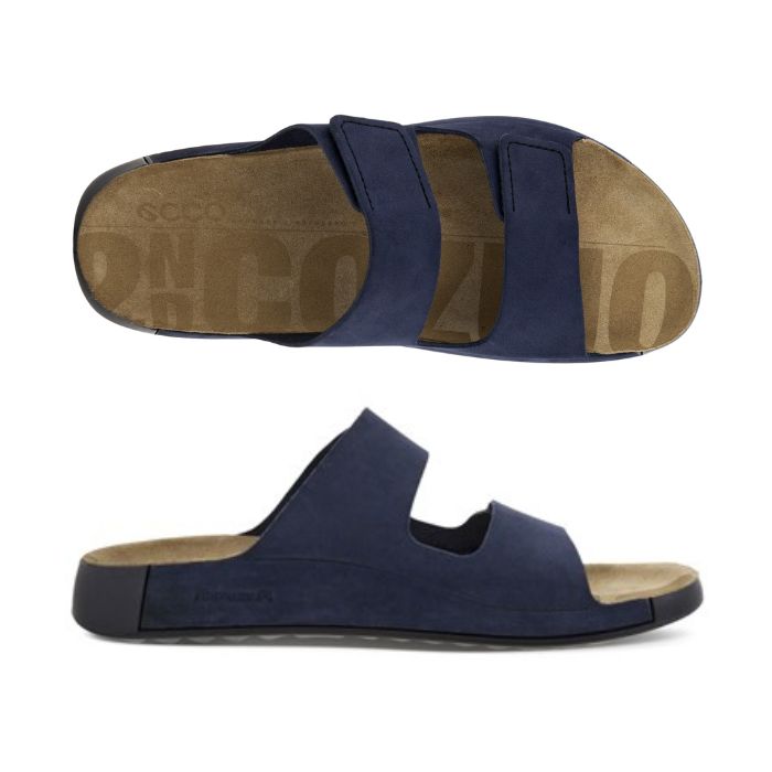 Top and profile view of Ecco slide Sandal in Navy suede and a beige footbed with Ecco branding. 