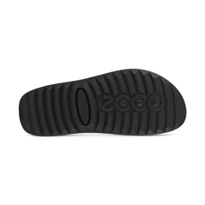 A black, grooved outsole of Ecco Slide Sandal in navy nubuck.