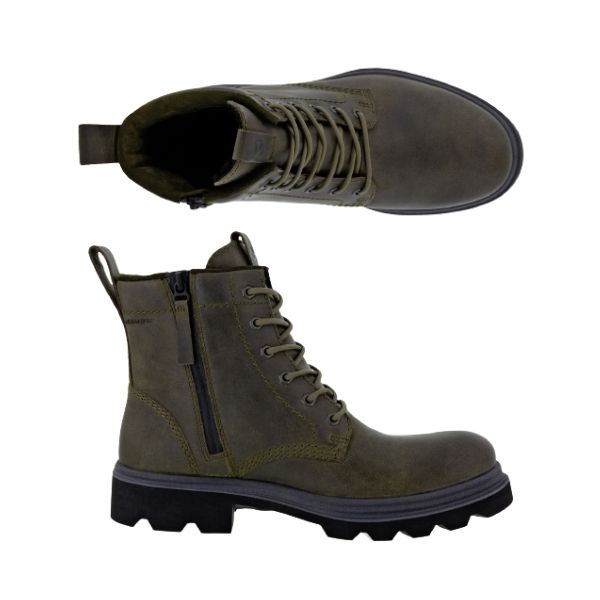 A pair of Ecco combat boots in Tarmac (a greenish-grey) nubuck uppers with green laces, side zipper and a black lugged outsole. 