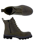 A pair of Ecco combat boots in Tarmac (a greenish-grey) nubuck uppers with green laces, side zipper and a black lugged outsole. 