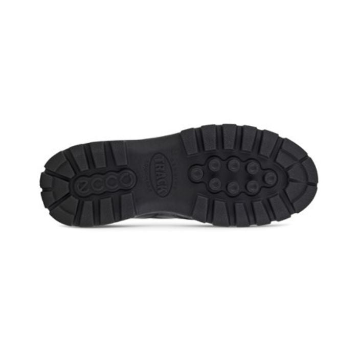 Black rubber outsole of Track 25 Moc boot. Tread has deep grooves and Ecco logo. 