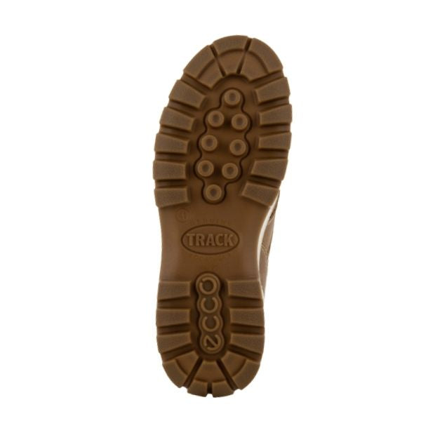 Brown rubber outsole of Track 25 Moc boot with deep tread and Ecco branding in middle. 