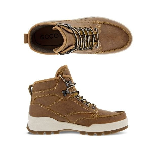 A pair of Ecco tan leather boot with brown and beige laces, brown leather branded footbed a white midsole, and a brown outsole. 