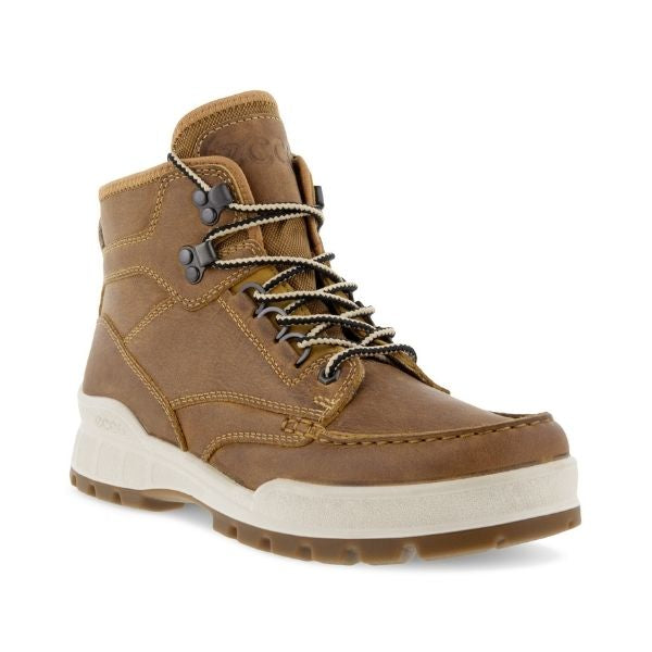 An Ecco tan leather boot with brown and beige laces, a white midsole, and a brown outsole. 